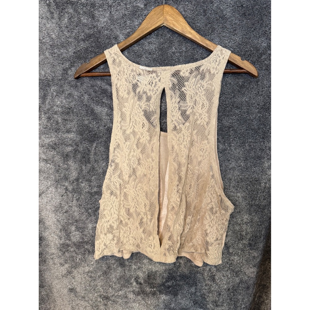 Victorias Secret PINK LaceBack TankTop Tan Graphic Logo Keyhole Racerback Medium - Picture 3 of 3